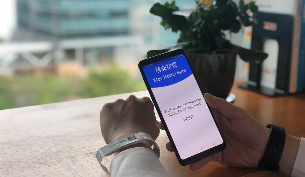 Compathnion’s location-tracking app, StayHomeSafe, uses geo-fencing and artificial intelligence to ensure that those wearing the electronic quarantine wristband stay in the designated area. Photo: SCMP