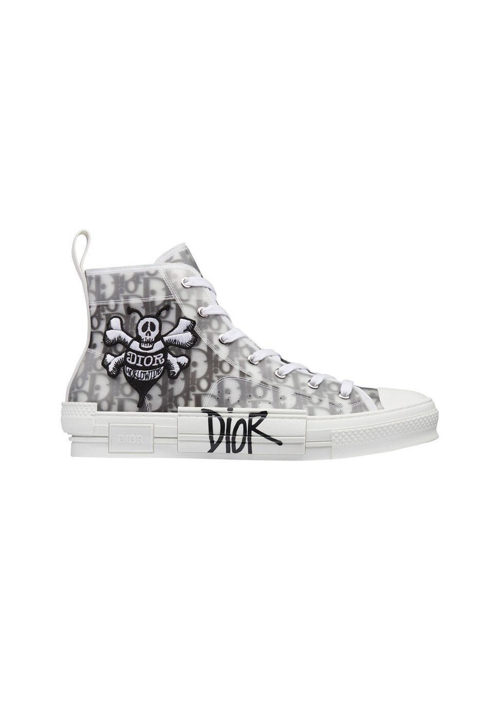 From the much-awaited collaboration between Dior x Stussy, the B23 High-Top sneaker brings a classic yet funky vibe to the early 20th-century basketball footwear design. The monochrome style features hand-drawn Stussy-style graphics with Dior logos.