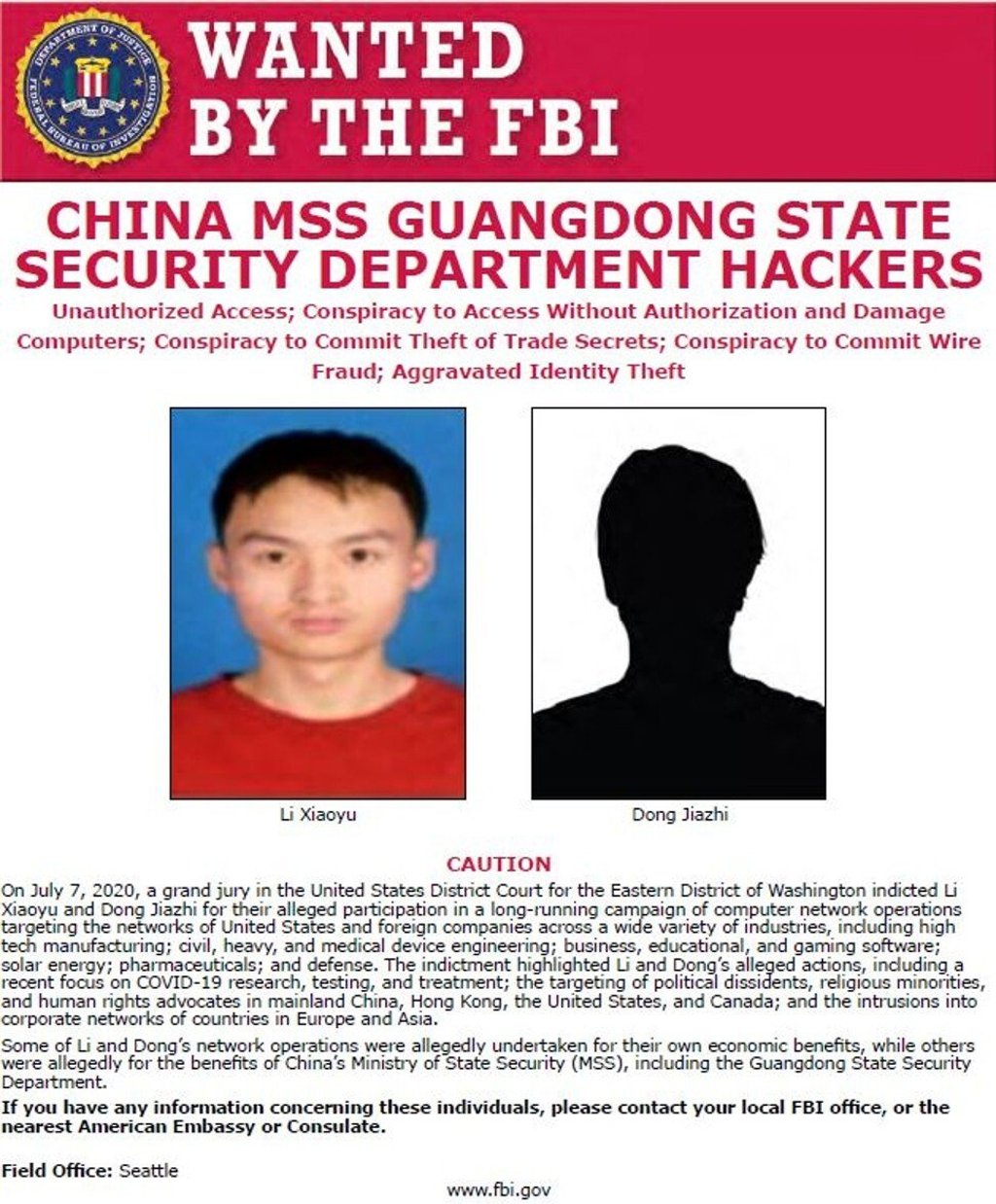 US Federal Bureau of Investigation wanted poster of Li Xiaoyu and Dong Jiazhi. Image: FBI