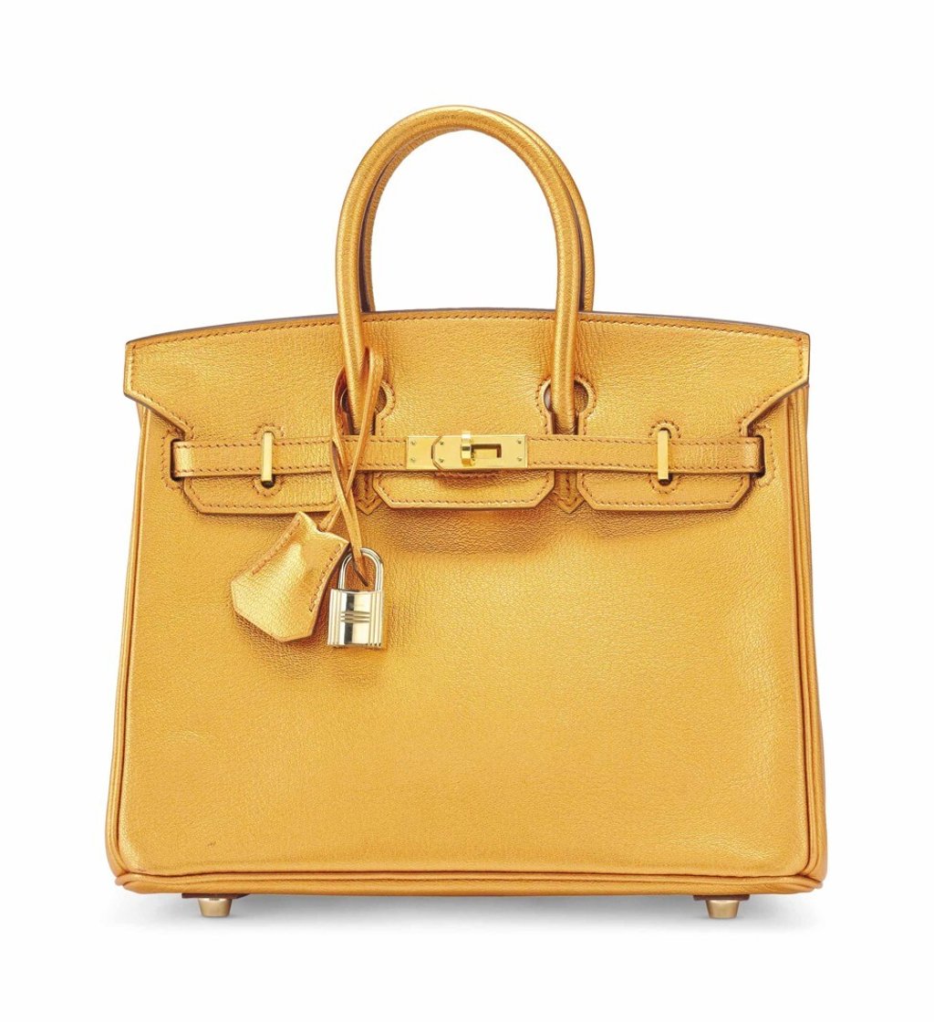 Hermès metallic bronze Chèvre Leather Birkin 25 with gold hardware sold for US$109,500.