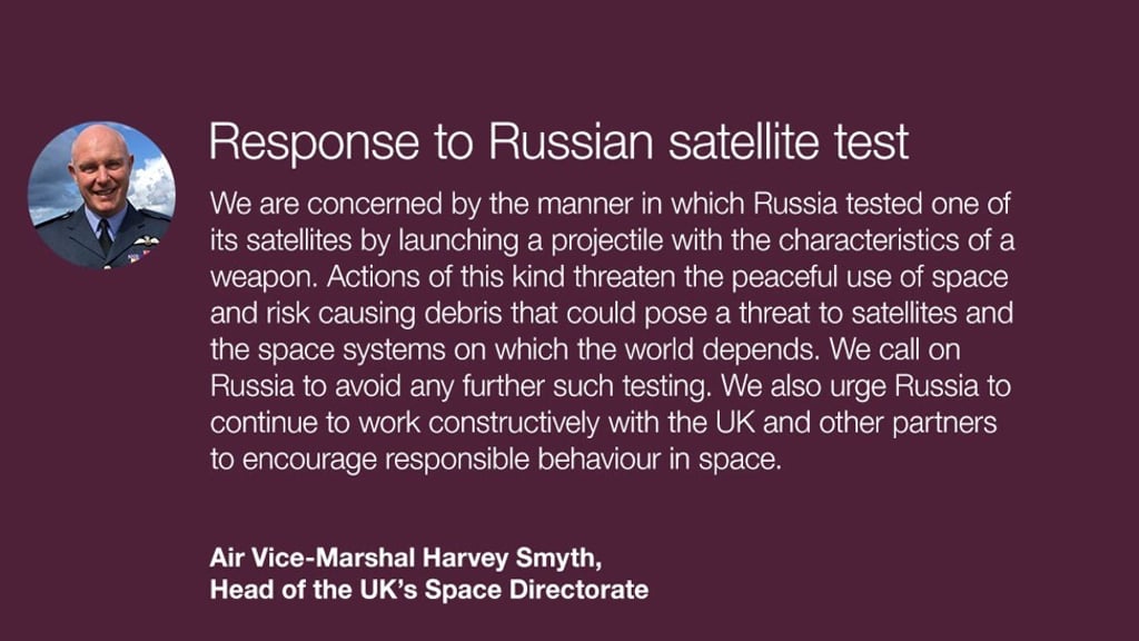 The UK Ministry of Defence posted space directorate chief Harvey Smyth’s response to the Russian satellite test on Thursday. Image: UK Ministry of Defence via Twitter