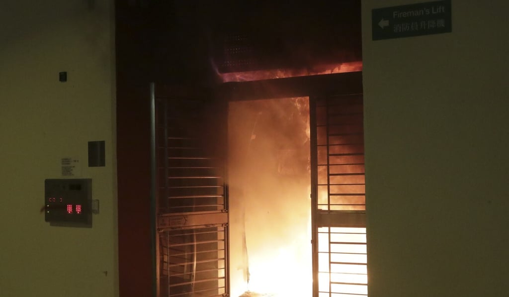 The lobby of Tai Fai House, Fanling, was set on fire by protesters. Photo: Edmond So