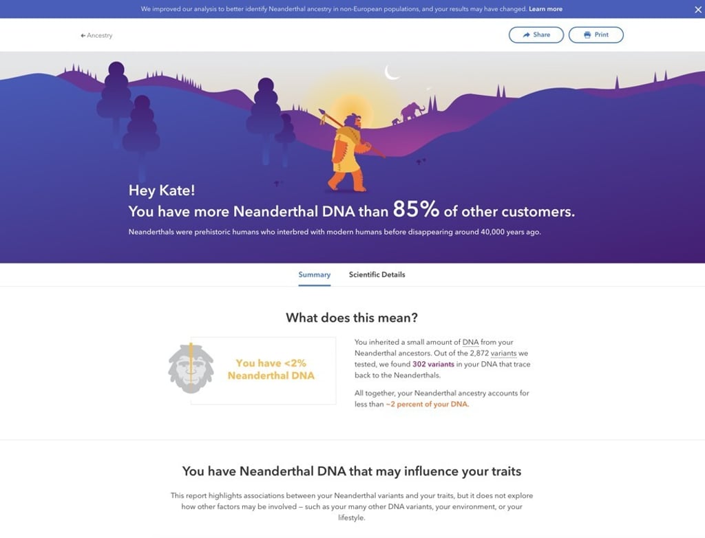 A DNA test telling Kate Whitehead she has more Neanderthal DNA than 85 per cent of other customers.