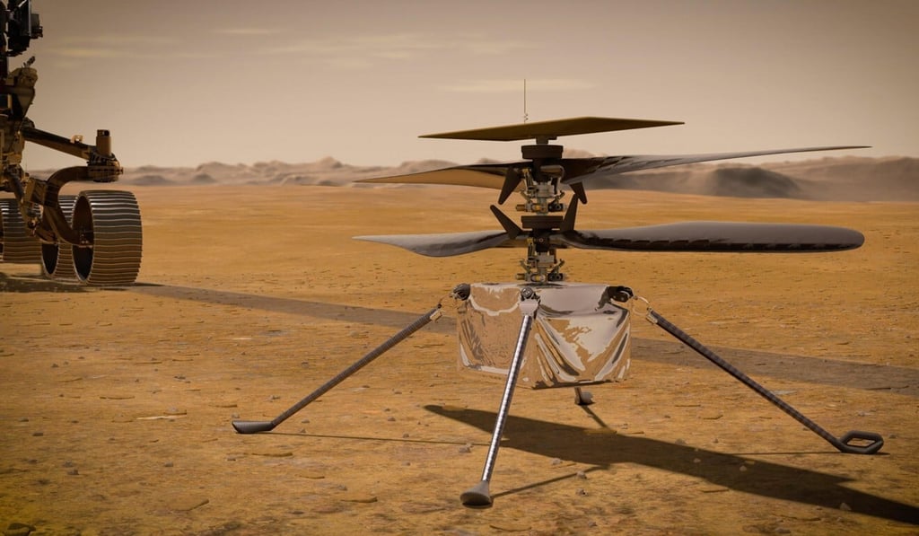 An illustration of the Ingenuity Mars Helicopter on the red planet's surface near the Perseverance rover, left. Photo: AP