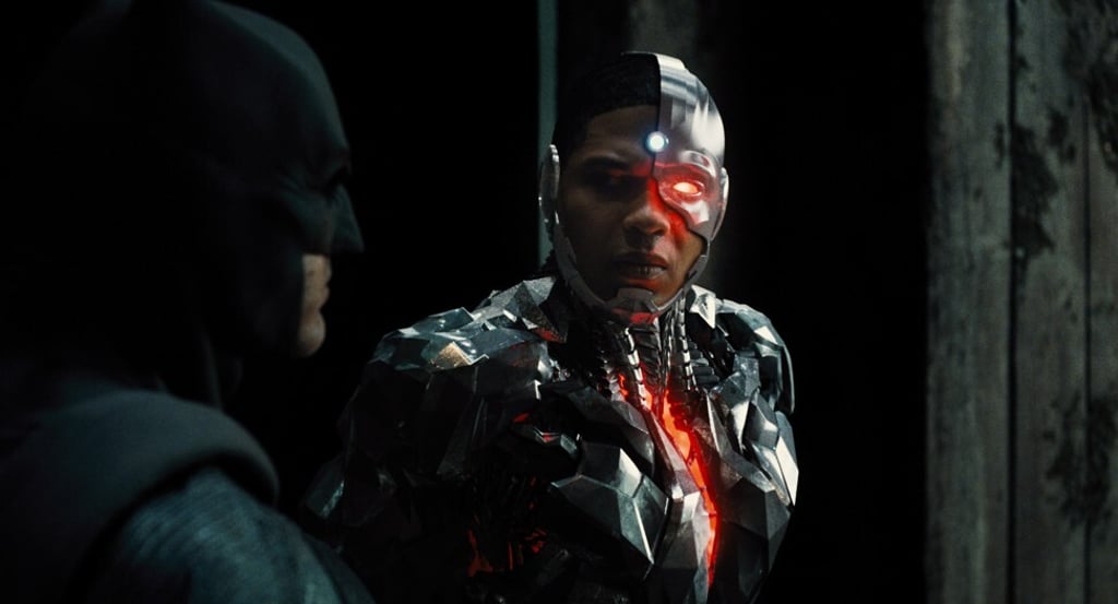 Ray Fisher (right) as Cyborg in a still from Justice League (2017).