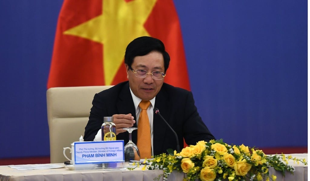 Vietnam's Foreign Minister Pham Binh Minh speaks during a virtual meeting with his Chinese counterpart Wang Yi to mediate their dispute over the South China Sea. Photo: AFP