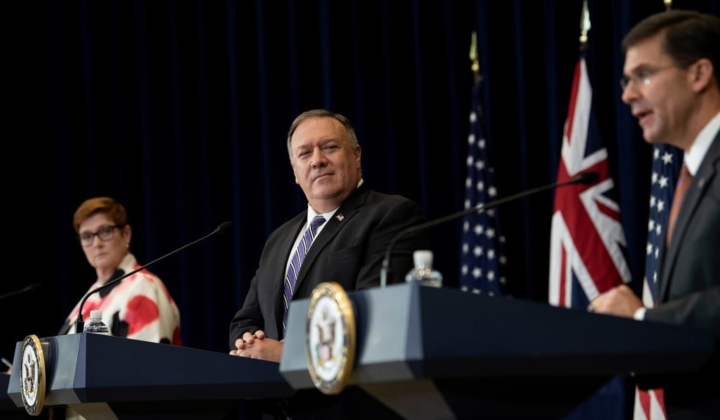 Australia’s Foreign Minister Marise Payne and US Secretary of State Mike Pompeo listen while US Secretary of Defence Mark Esper speaks during a press conference in Washington on Tuesday. Photo: Reuters Australia’s Foreign Minister Marise Payne and US Secretary of State Mike Pompeo listen while US Secretary of Defence Mark Esper speaks during a press conference in Washington on Tuesday. Photo: Reuters