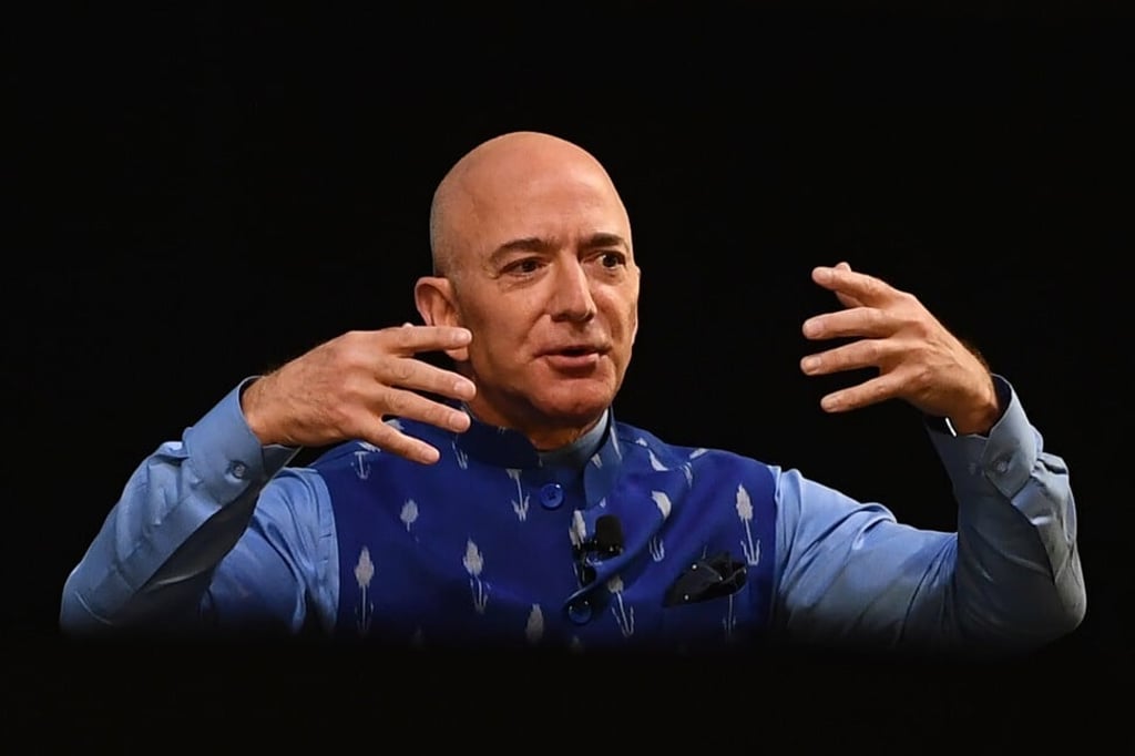 CEO of Amazon Jeff Bezos addresses the Amazon's annual Smbhav event in New Delhi on January 15, 2020. Photo: AFP