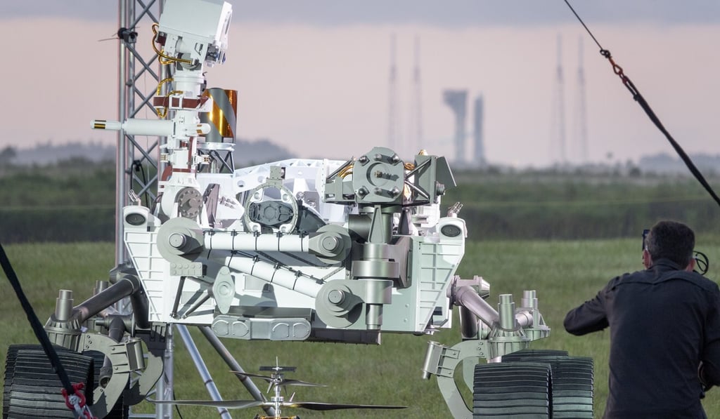 A model of the Mars rover is displayed at the press site during the United Launch Alliance Atlas V rocket launch at the Kennedy Space Centre in Florida on Thursday. Photo: EPA-EFE
