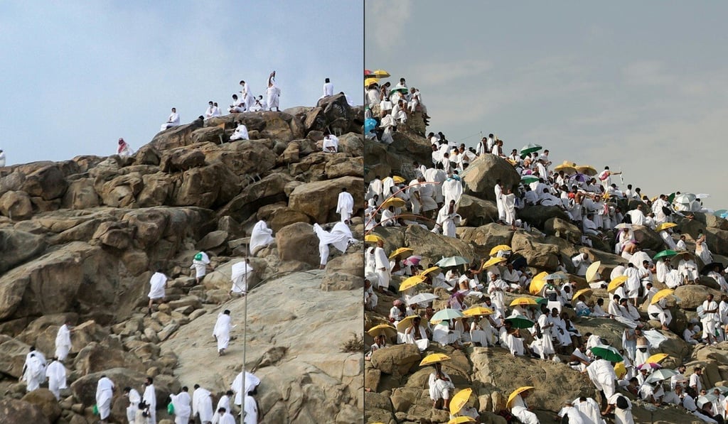 This combination of pictures shows the few Muslim pilgrims praying on Mount Arafat, southeast of the holy city of Mecca, during the haj pilgrimage amid the Covid-19 pandemic this year, and a much larger number gathering on the mountain during the haj in 2018. Photo: AFP/HO/Saudi Ministry Of Media