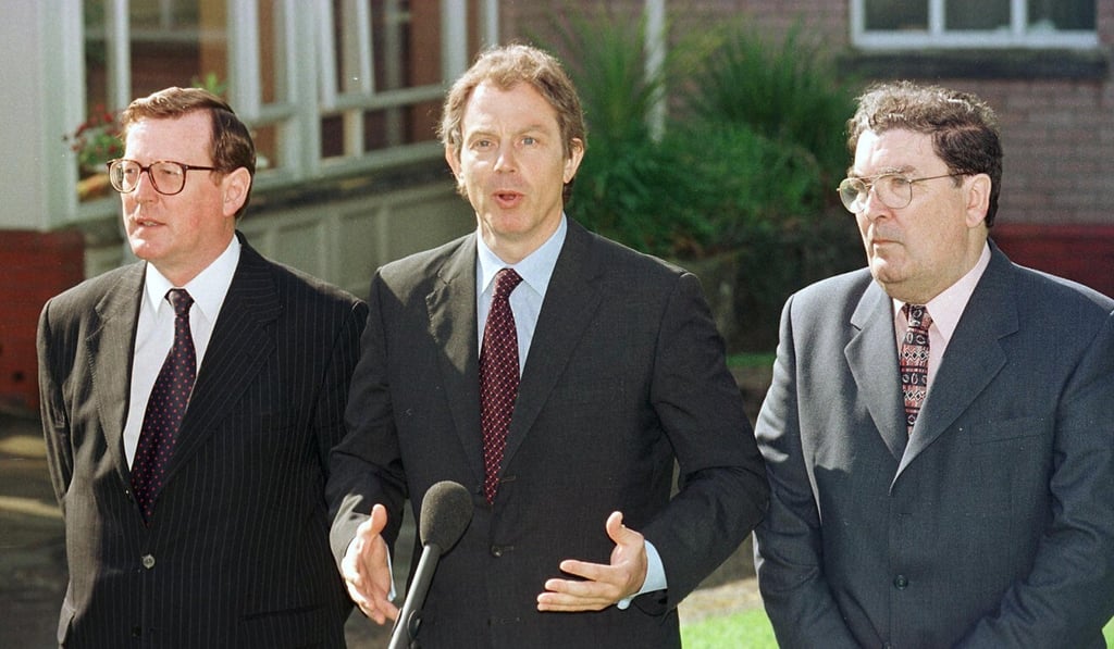 Ulster Unionist leader David Trimble, former British prime minister Tony Blair, and SDLP leader John Hume are pictured in 1998. Photo: AFP Ulster Unionist leader David Trimble, former British prime minister Tony Blair, and SDLP leader John Hume are pictured in 1998. Photo: AFP