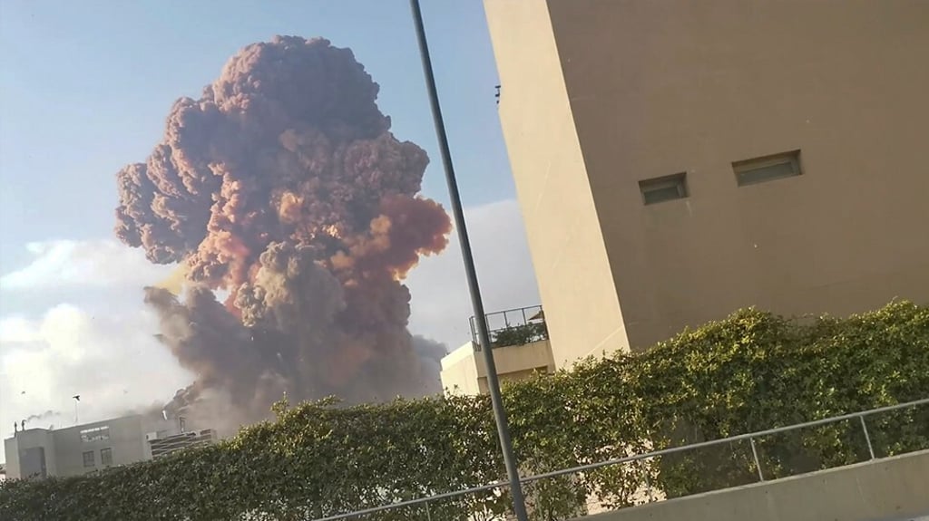 Smoke rises after an explosion in Beirut, Lebanon, on Tuesday. Photo: Karim Sokhn/Instagram via Reuters