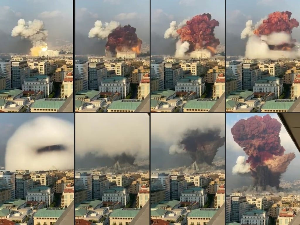 This combination of pictures filmed from an office building at the moment a massive explosion rocked Beirut the previous day shows a fireball exploding while smoke is billowing at the port of the Lebanese capital on August 4, 2020. Photo: AFP
