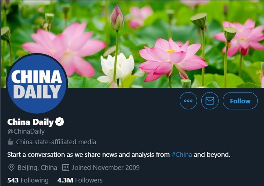 A screen grab of the China Daily account on Twitter shows the new label for state-affiliated media outlets. Image: Twitter A screen grab of the China Daily account on Twitter shows the new label for state-affiliated media outlets. Image: Twitter