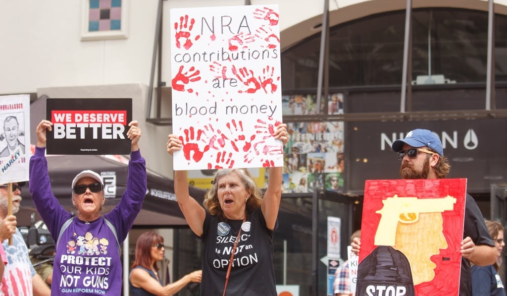 Anti-NRA demonstrators hold signs and placards at a protest in Huntington Beach, California, in July 2018. Photo: EPA-EFE