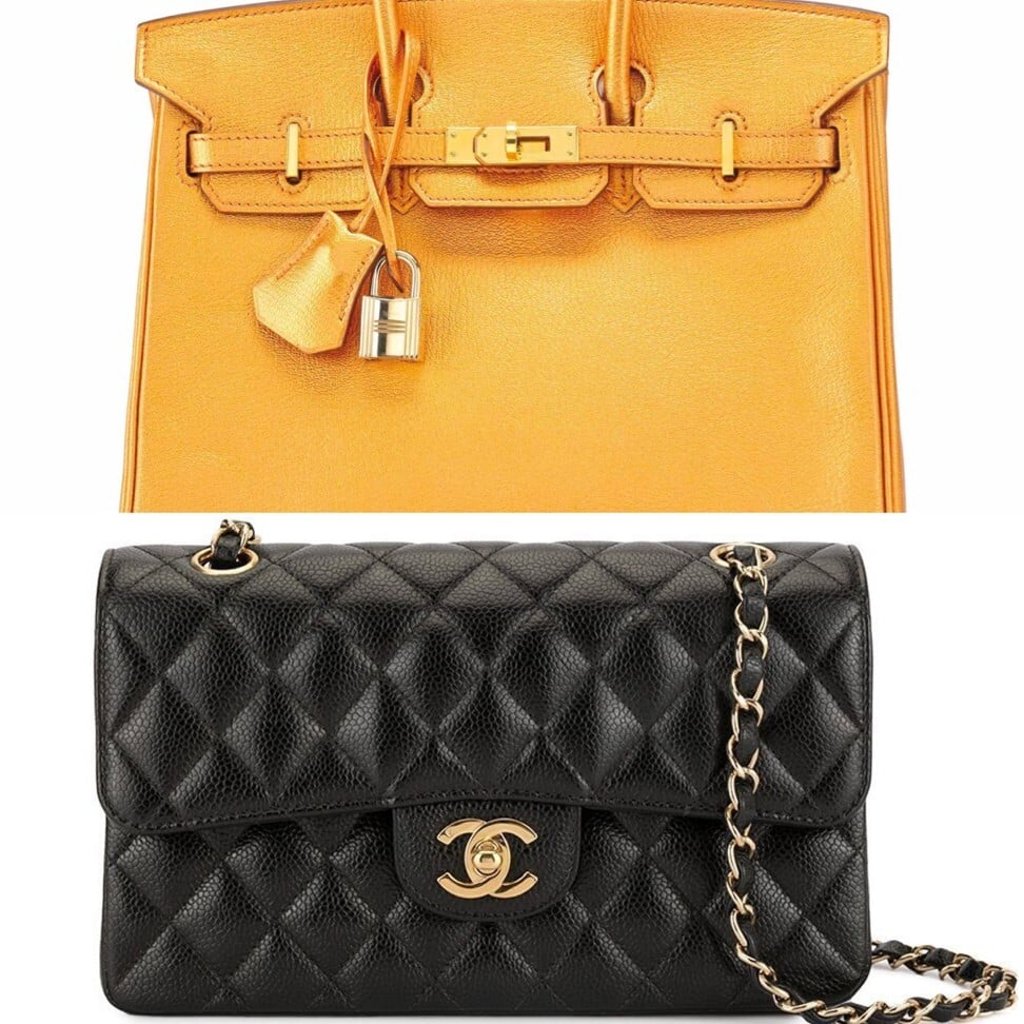 An Hermès Birkin (top) and a Chanel 2.55 handbag.
