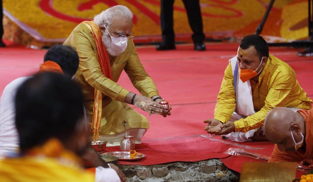 Indian Prime Minister Narendra Modi at the groundbreaking ceremony of a temple dedicated to the Hindu god Ram, in Ayodhya. Photo: AP