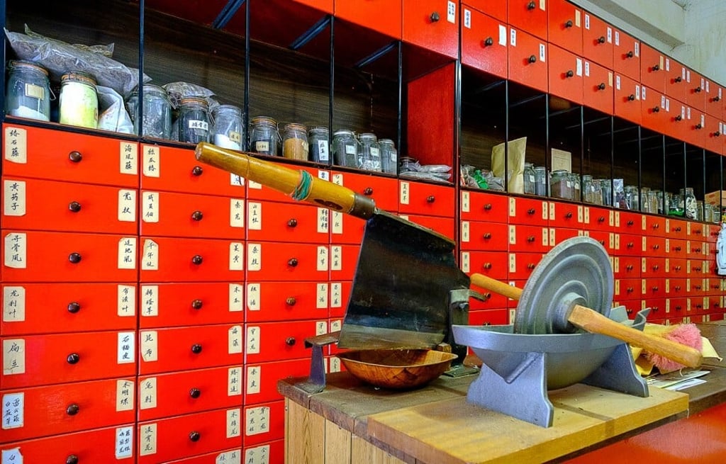 Dr Zhang’s tools of the trade and medicine drawers marked with Chinese characters in Hoaping Clinic, Northbridge. Photo: Lynn Gail