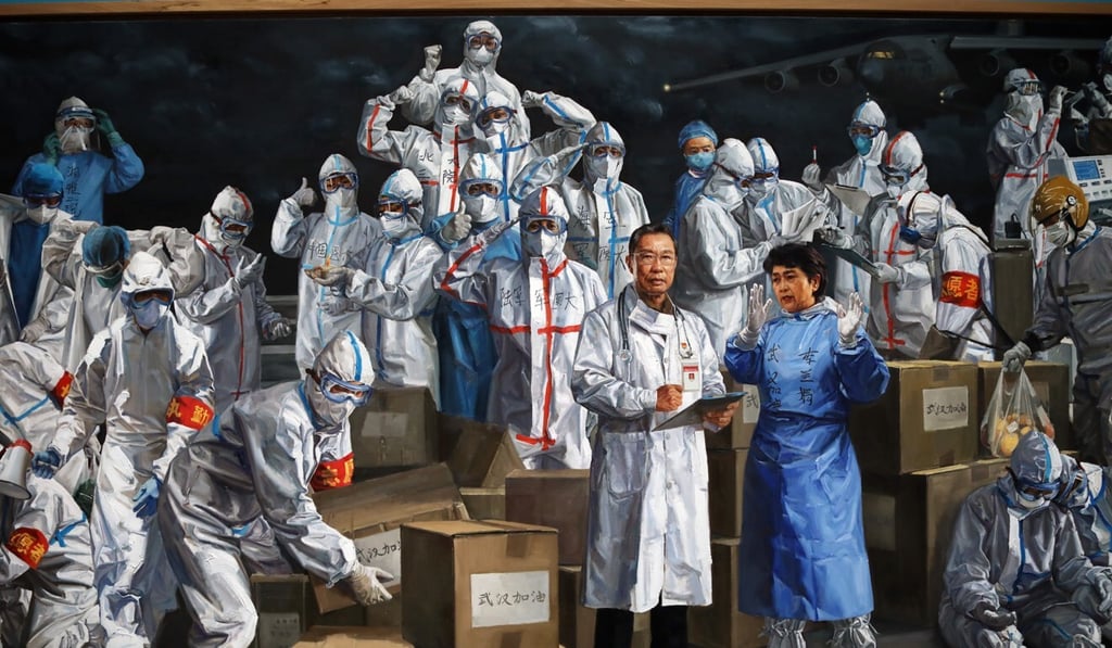 An oil painting, bearing images of leading scientists Zhong Nanshan and Li Lanjuan. Photo: Simon Song An oil painting, bearing images of leading scientists Zhong Nanshan and Li Lanjuan. Photo: Simon Song