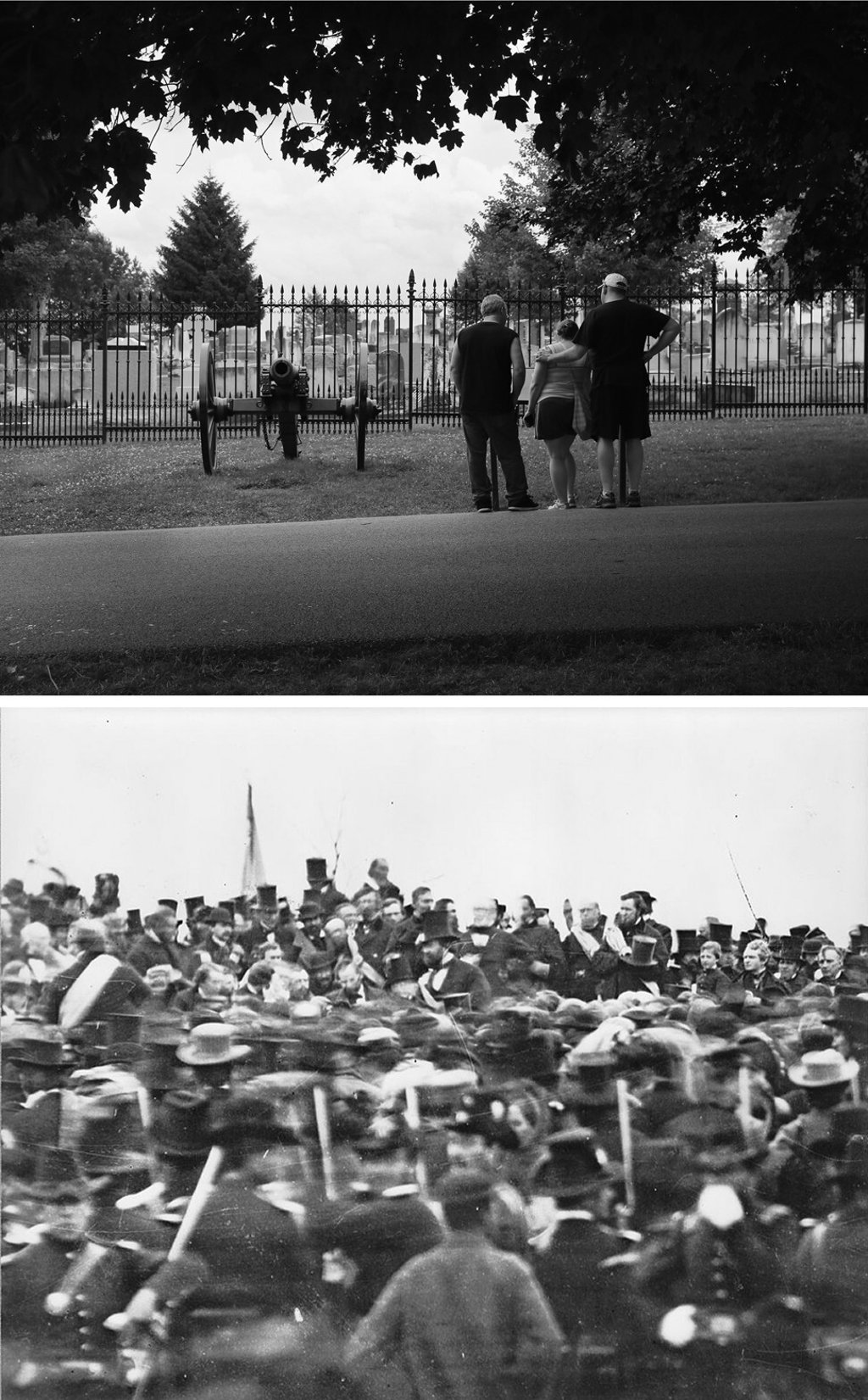 The Soldiers' National Cemetery in Gettysburg, Pennsylvania (top). President Abraham Lincoln arrives to deliver the Gettysburg Address on November 19, 1863 in Gettysburg (below). File photo: AFP/Library of Congress