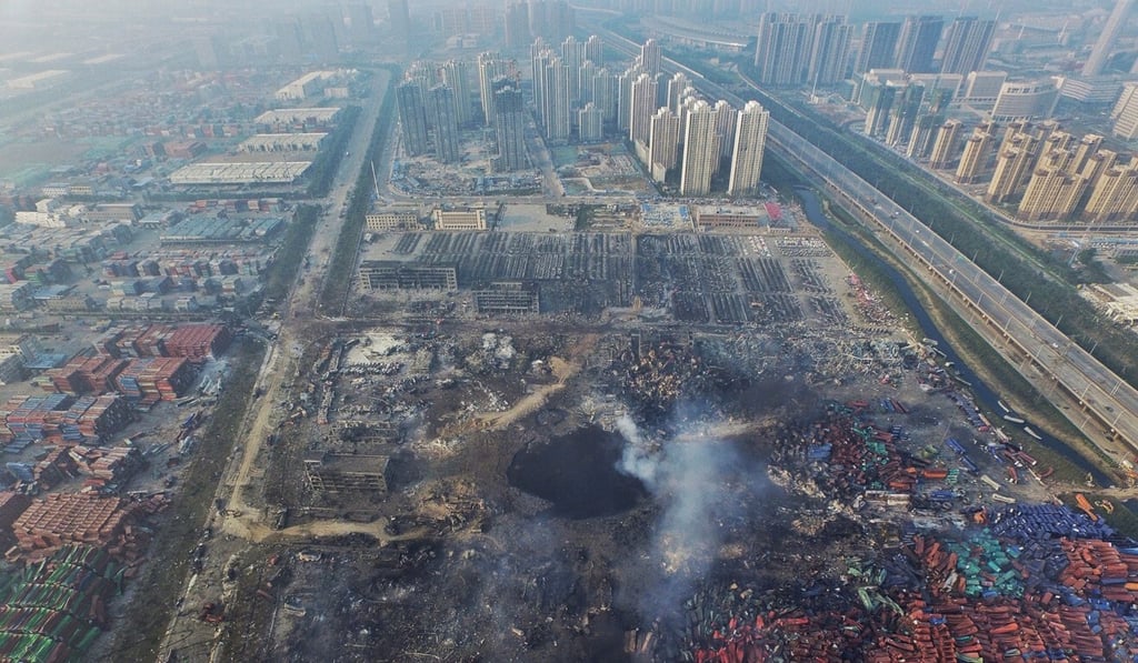 The aftermath of the explosion that rocked the port city of Tianjin, China, in August 2015. Photo: EPA The aftermath of the explosion that rocked the port city of Tianjin, China, in August 2015. Photo: EPA