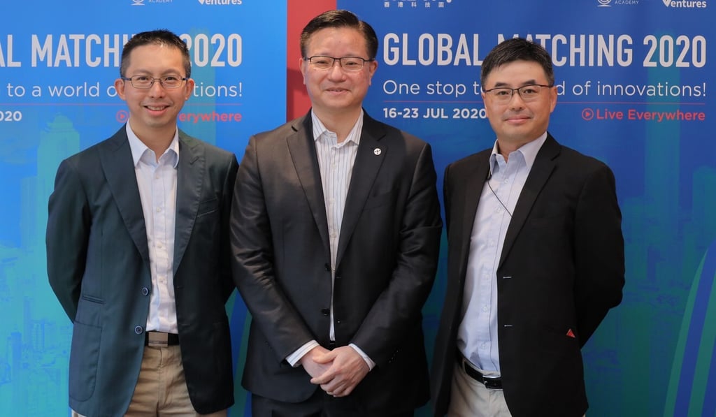 Raymond Wong (centre), HKSTP’s head of investment, with Johnson Lin (left), a partner at WI Harper Group and Francis Wong, executive director at Sumitomo Corporation Equity Asia, during the six-day Global Matching 2020 programme.