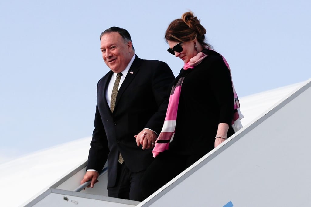 US Secretary of State Mike Pompeo arrives with his wife, Susan Pompeo, at the airport in Prague on Tuesday. Photo: AFP US Secretary of State Mike Pompeo arrives with his wife, Susan Pompeo, at the airport in Prague on Tuesday. Photo: AFP