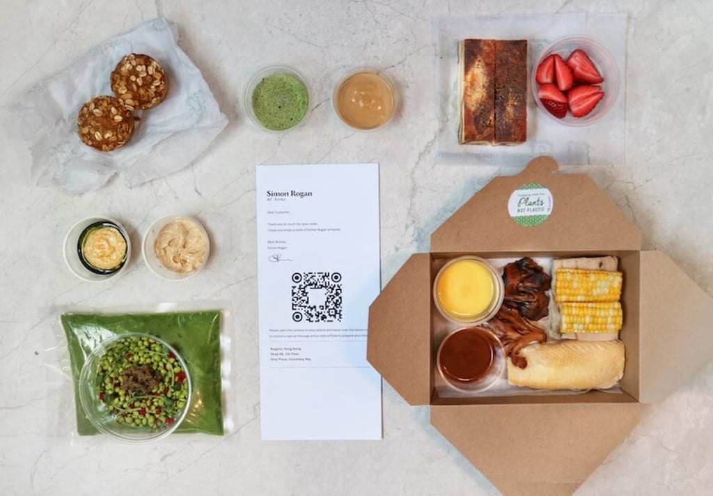 A three-course takeaway meal from Home – pea soup with pike perch and pea salad; local three yellow chicken with corn and maitake mushrooms; and caramelised white chocolate pudding with strawberries and toasted hay custard. Photo: Home A three-course takeaway meal from Home – pea soup with pike perch and pea salad; local three yellow chicken with corn and maitake mushrooms; and caramelised white chocolate pudding with strawberries and toasted hay custard. Photo: Home