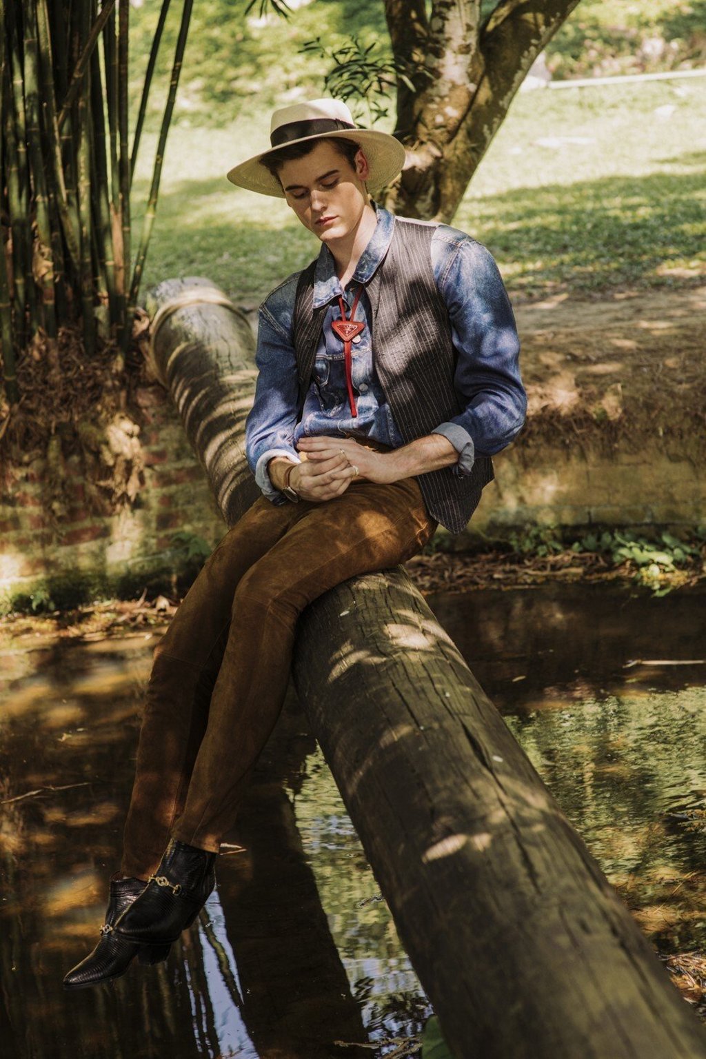 Balenciaga shirt, HK$15,900 (US$2,052); Giorgio Armani waistcoat, HK$11,000; Saint Laurent pants, price upon request; Celine hat, HK$5,900; Gucci shoes, price upon request; Prada bolo tie, HK$1,800; Hermès watch, HK$26,600; Tiffany & Co. ring (ring finger), HK$4,700; ring (pinky finger), HK$3,750.