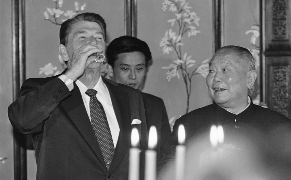 Chinese President Li Xiannian, right, watches President Ronald Reagan drink Mao-tai baijiu during a toast in Beijing in 1984. Photo: AP Photo Chinese President Li Xiannian, right, watches President Ronald Reagan drink Mao-tai baijiu during a toast in Beijing in 1984. Photo: AP Photo