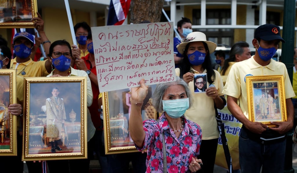 A group of Thai royalists at the Democracy Monument in Bangkok, ahead of the rally by student-lead groups. Photo: Reuters