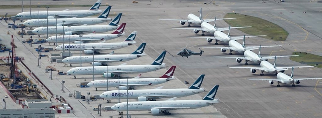 A helicopter taking off as planes are grounded at Hong Kong International Airport on June 30, 2020. Photo: Felix Wong A helicopter taking off as planes are grounded at Hong Kong International Airport on June 30, 2020. Photo: Felix Wong