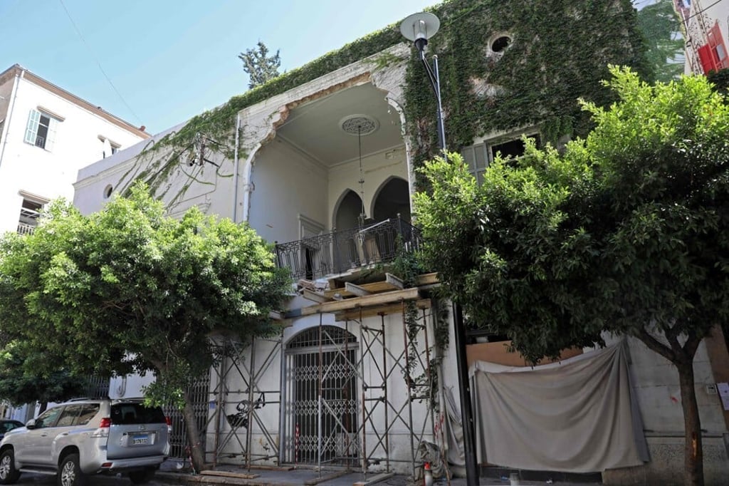 The damaged facade of fashion designer Elie Saab’s Beirut home. Photo: AFP