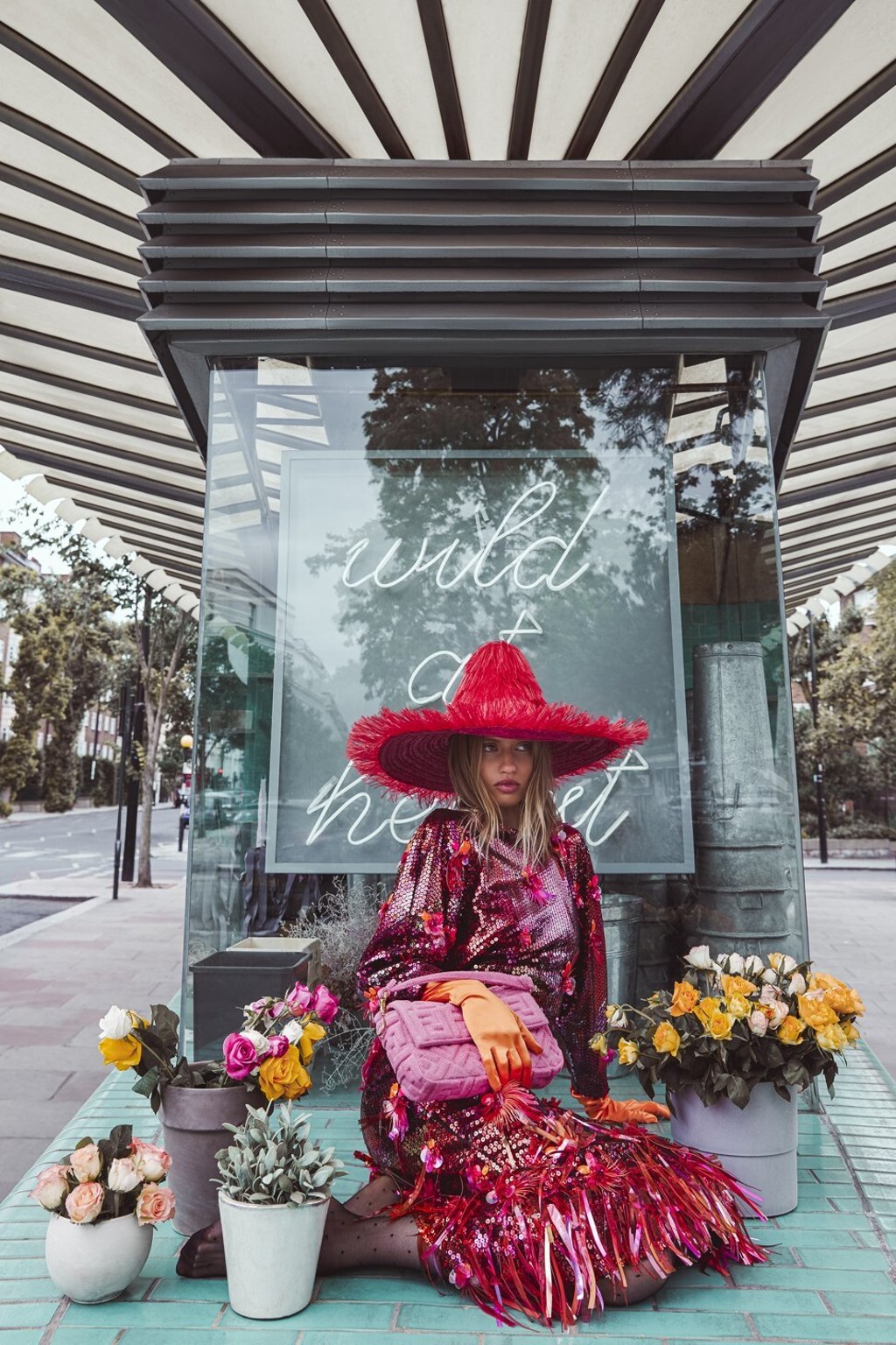 Versace dress, price upon request; Fendi bag, price upon request; Dries Van Noten gloves, price upon request; Saint Laurent tights, HK$1,790 (US$231); Benoit Missolin hat, price upon request.