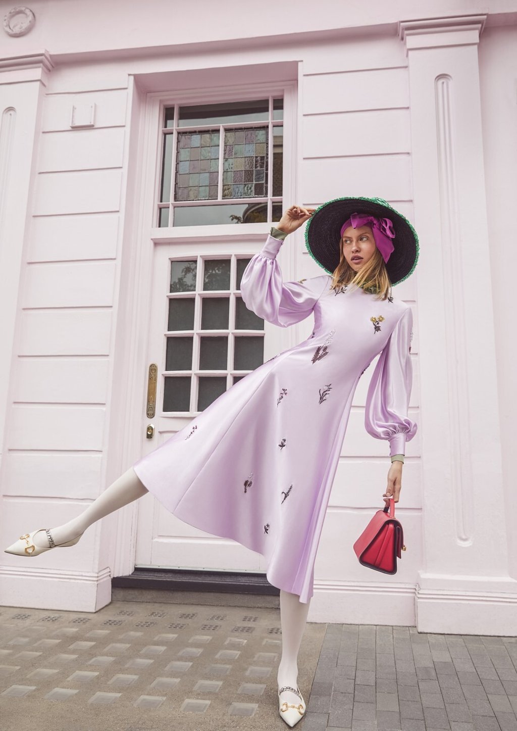 Erdem dress, HK$37,200 (US$4,800); Prada shirt, HK$10,150; Alexander McQueen bag, HK$17,500; Valentino bow under hat, price upon request; Benoit Missolin hat, price upon request; Giambattista Valli tights HK$1,890; Gucci shoes, HK$7,500.