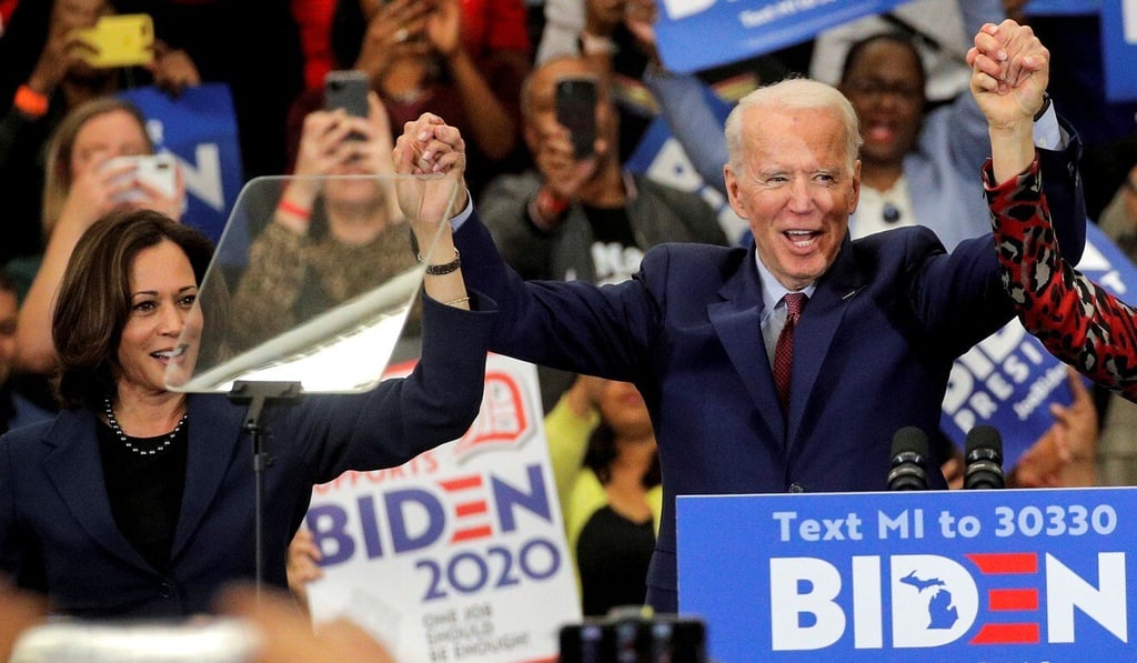 US presidential candidate Joe Biden and Senator Kamala Harris hold hands during a campaign stop in Detroit, Michigan, in March. Photo: Reuters US presidential candidate Joe Biden and Senator Kamala Harris hold hands during a campaign stop in Detroit, Michigan, in March. Photo: Reuters
