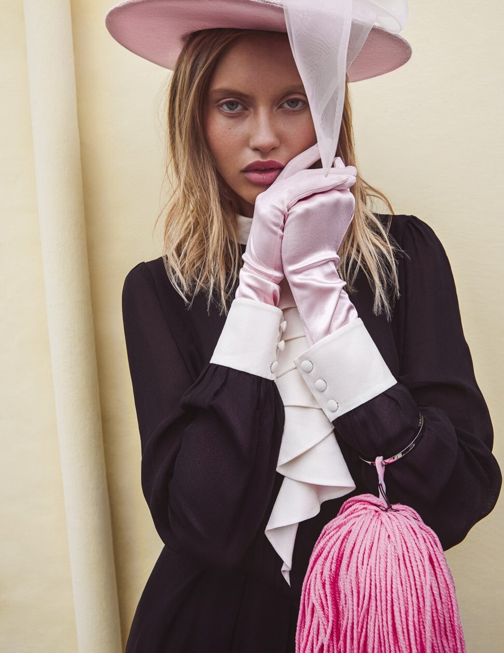 Celine jumpsuit, HK$25,500 (US$3,290); Calvin Klein pom pom, price upon request; Dries Van Noten gloves, price upon request; Emily London hat, HK$3,900.