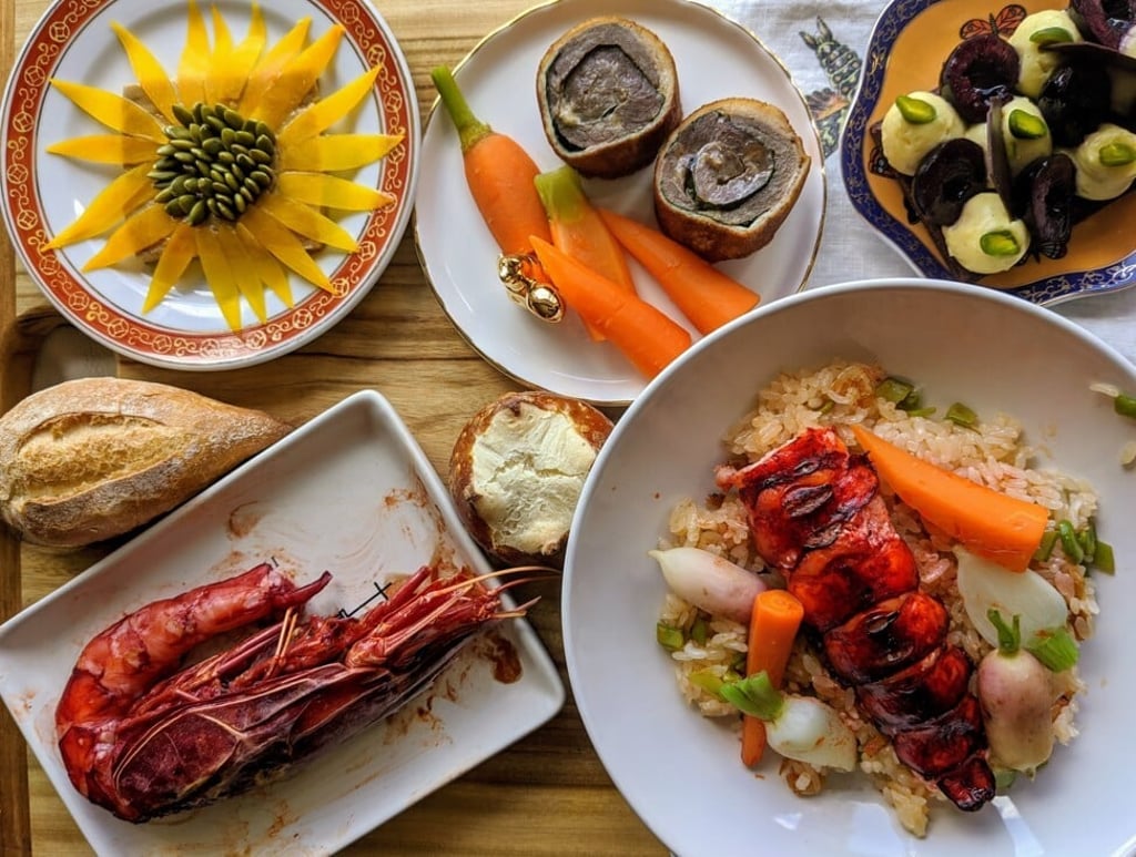 Petrus delivery menu. From top left: foie gras, beef roulade, cherry dessert, lobster rice and red prawn dishes. Photo: SCMP