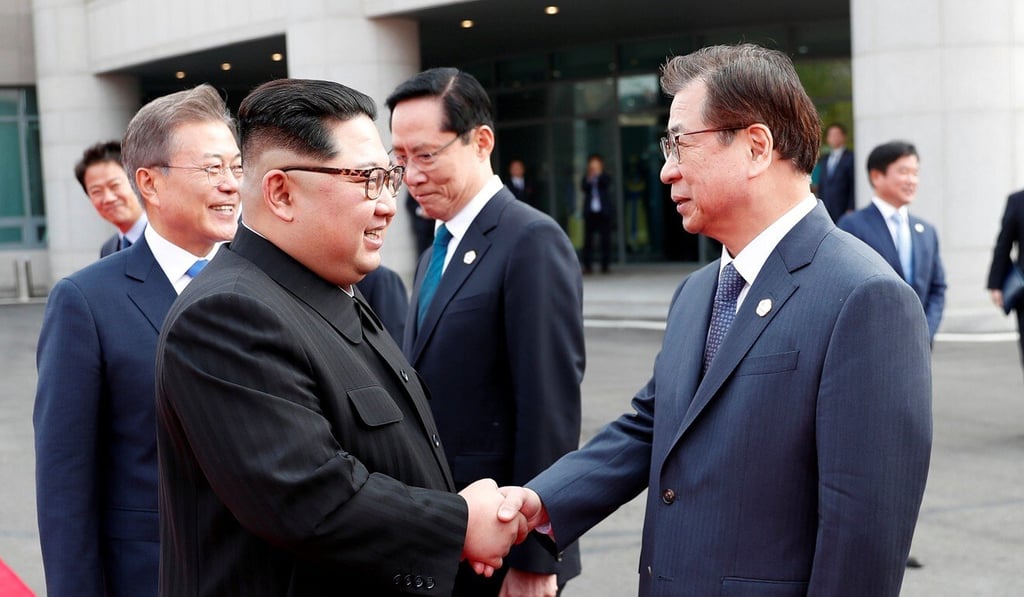 North Korean leader Kim Jong-un shakes hands with Suh-hoon, at the time the head of South Korea's National Intelligence Service, in 2018. Photo: Reuters North Korean leader Kim Jong-un shakes hands with Suh-hoon, at the time the head of South Korea's National Intelligence Service, in 2018. Photo: Reuters