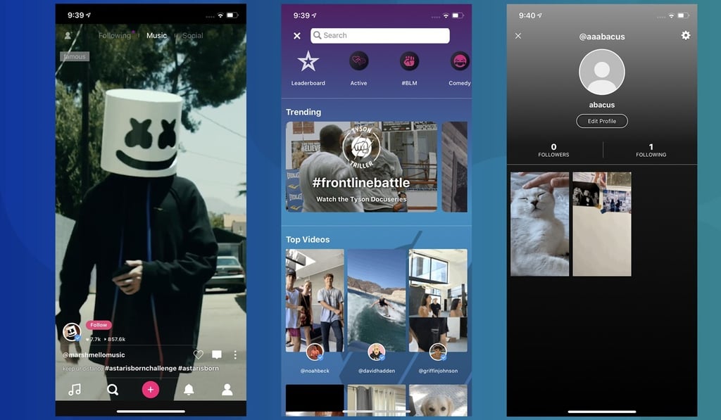 Triller’s video feed, discovery tab and profile page. Image: Triller