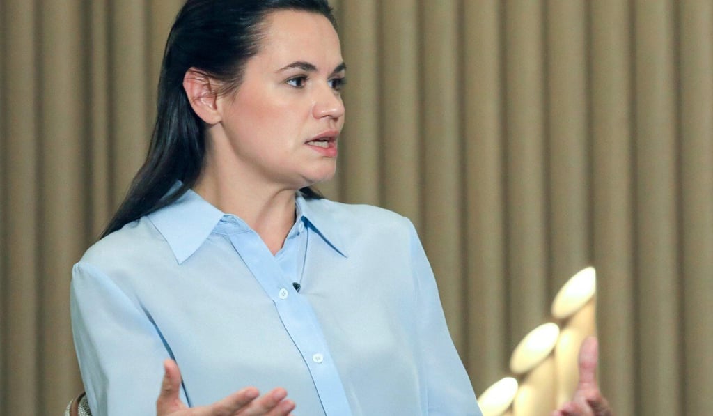 Belarus opposition leader Svetlana Tikhanovskaya speaks during an interview in Vilnius, Lithuania on Saturday. Photo: AFP