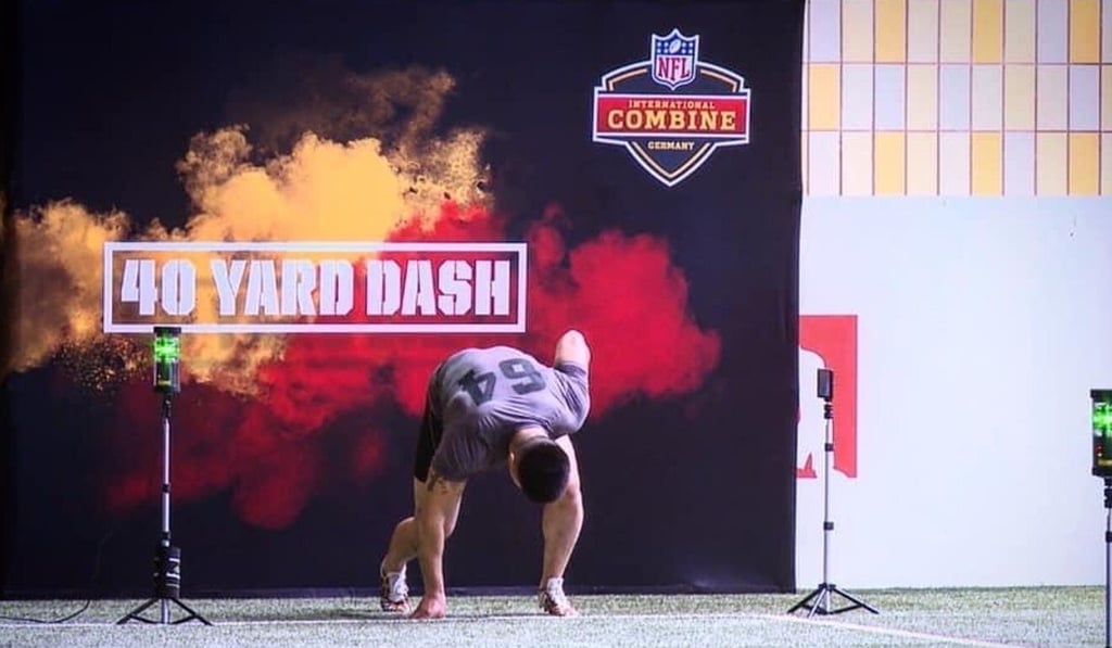 Li Boqiao tries the 40-yard dash during a combine in Germany. Photo: Handout Li Boqiao tries the 40-yard dash during a combine in Germany. Photo: Handout