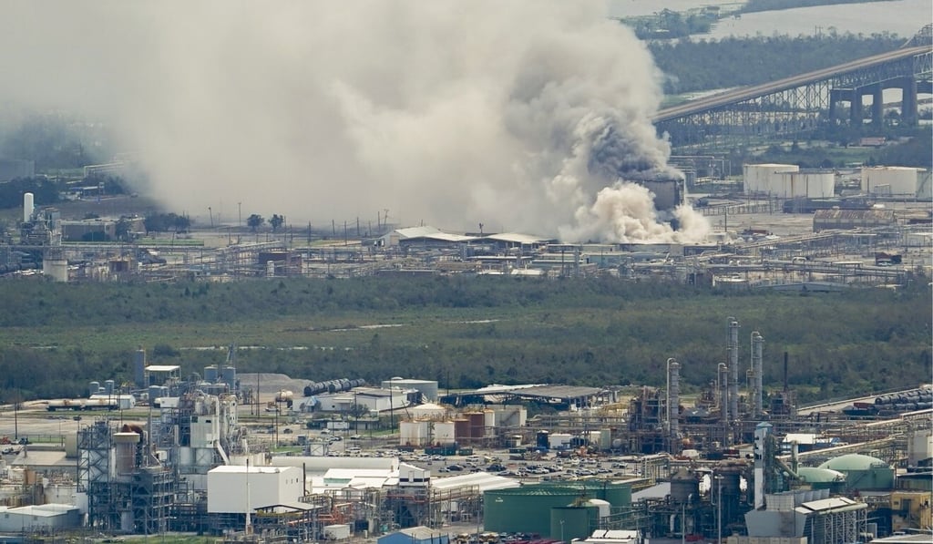 A chemical fire burns at a facility during the aftermath of Hurricane Laura on Thursday near Lake Charles, Louisiana. Photo: AP A chemical fire burns at a facility during the aftermath of Hurricane Laura on Thursday near Lake Charles, Louisiana. Photo: AP