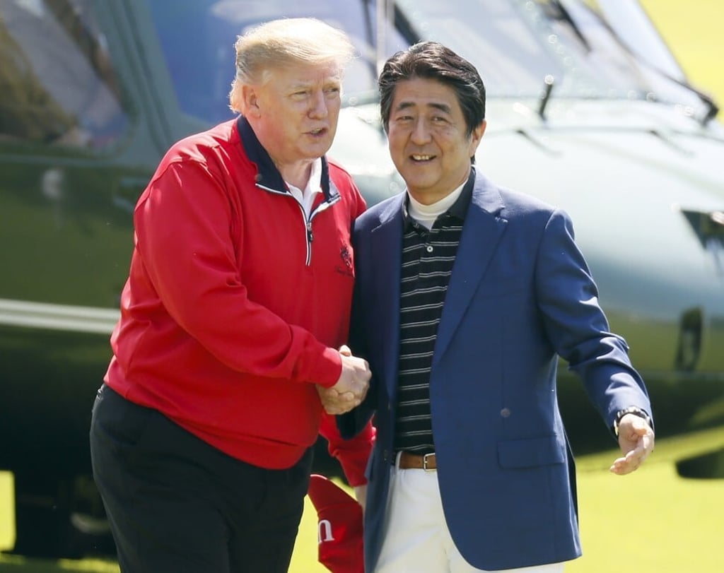 US President Donald Trump meets Japanese Prime Minister Shinzo Abe for a round of golf at the Mobara Country Club, south of Tokyo, in May 2019. Photo: AP US President Donald Trump meets Japanese Prime Minister Shinzo Abe for a round of golf at the Mobara Country Club, south of Tokyo, in May 2019. Photo: AP
