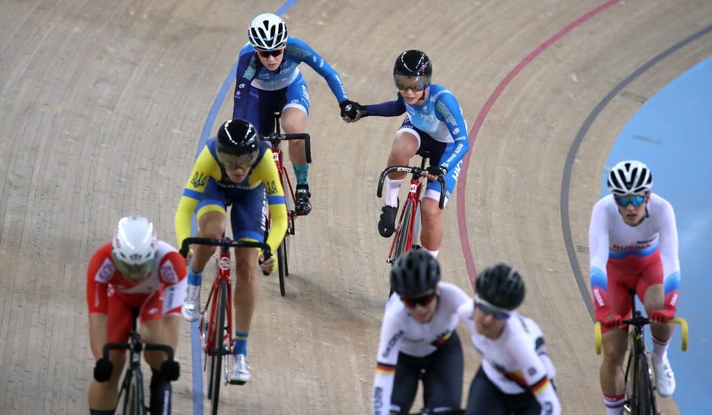 Hong Kong’s Yang Qianyu (in blue, left) and partner Leung Bo-yee race in the madison at the 2019 World Cup series in Tseung Kwan O velodrome. Photo: Winson Wong Hong Kong’s Yang Qianyu (in blue, left) and partner Leung Bo-yee race in the madison at the 2019 World Cup series in Tseung Kwan O velodrome. Photo: Winson Wong