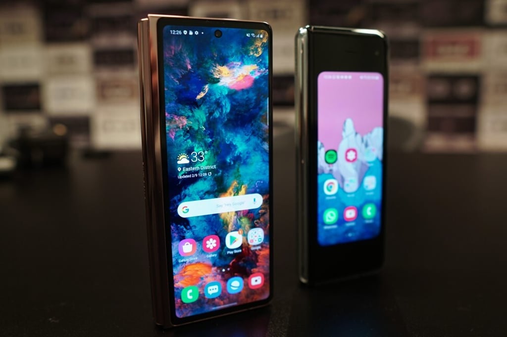 The Samsung Galaxy Z Fold 2 (left) next to the original Galaxy Fold. The Z Fold 2 increases the outside screen significantly, from 4.5 inches to 6.2in. Photo: Ben Sin