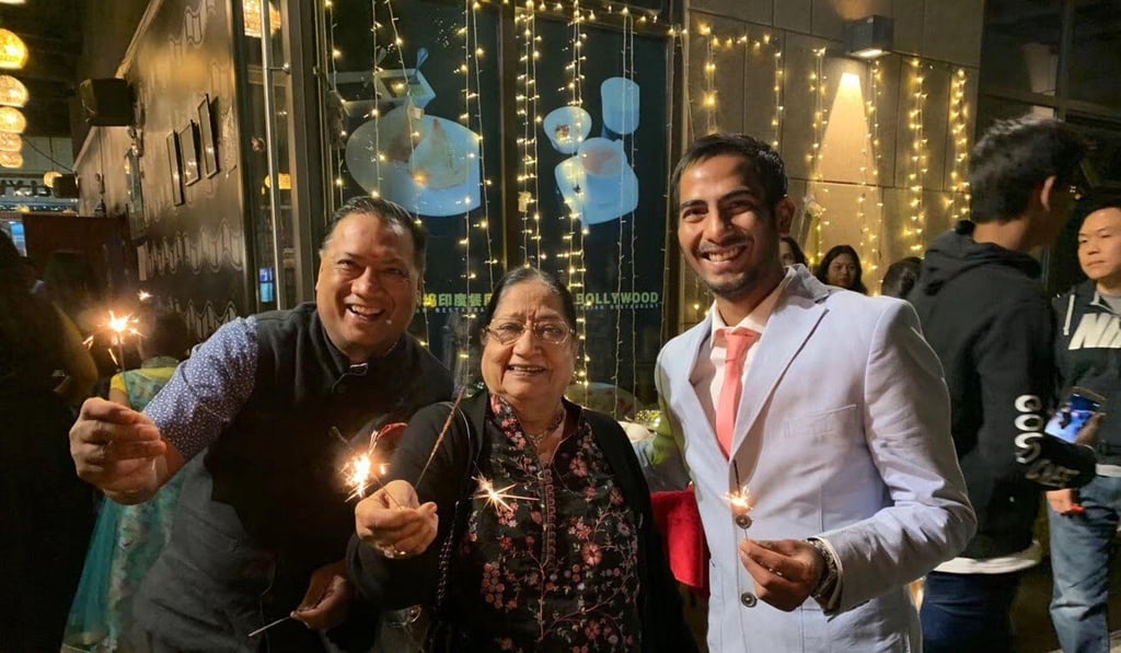 Indian businessman Tapan Gadodia with his mother Kanta and son Karan in Shanghai during Diwali 2019. Photo: Handout Indian businessman Tapan Gadodia with his mother Kanta and son Karan in Shanghai during Diwali 2019. Photo: Handout