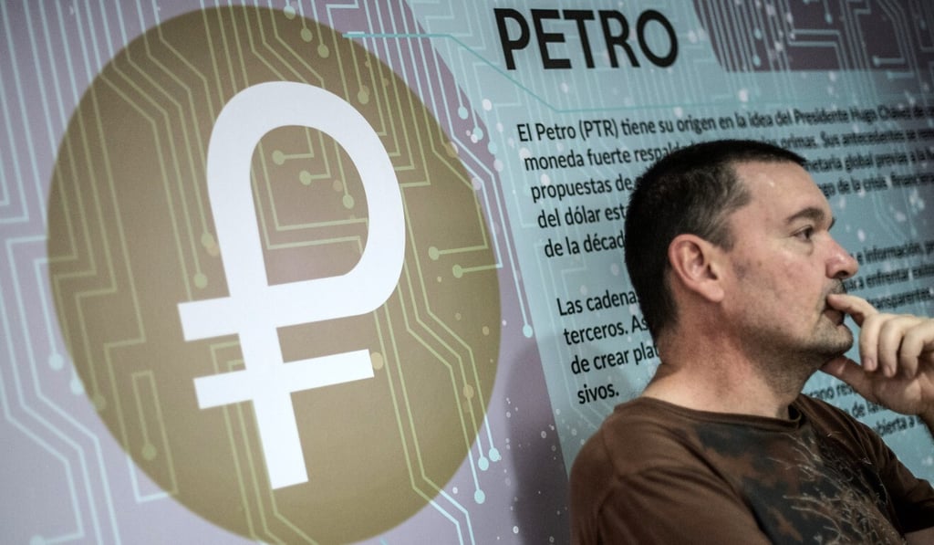 Signage describing the Petro cryptocurrency at the Ministry of Youth and Sports facility in Caracas, Venezuela, in 2018. Photo: Bloomberg Signage describing the Petro cryptocurrency at the Ministry of Youth and Sports facility in Caracas, Venezuela, in 2018. Photo: Bloomberg