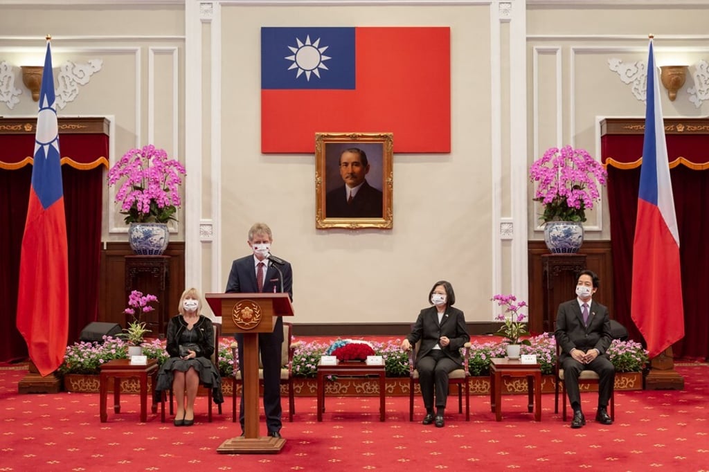 Czech Senate President Milos Vystrcil (left) speaks as Taiwan President Tsai Ing-wen and Vice-President William Lai look on at the Presidential Office in Taipei on Thursday. Photo: AFP