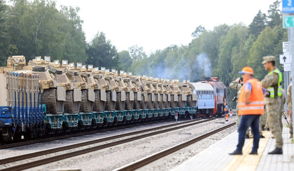 US Army Abrams tanks of the 2nd Brigade 69th Regiment 2nd Battalion are pictured at Mockava railway station in Lithuania. Photo: AFP